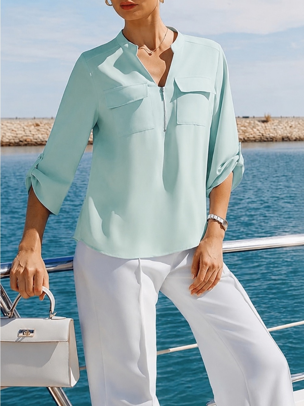 Light Mint Green V-Neck Blouse - Women Tops